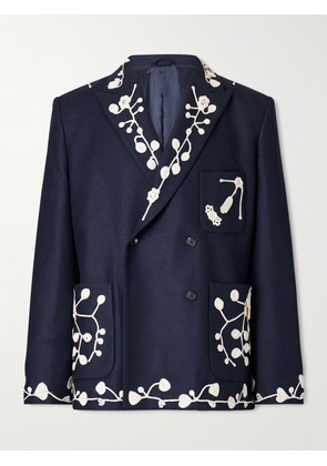 BODE - Snowdrop Double-Breasted Appliquéd Wool-Blend Suit Jacket - Men - Blue - IT 40
