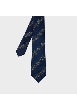 Paul Smith Navy Embroidery Floral Stripe Tie Blue