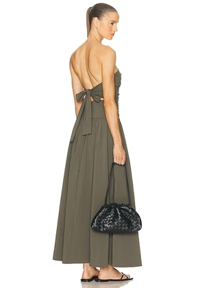 St. Agni Gathered Strapless Tie Back Dress in Khaki - Army. Size M (also in L, S).
