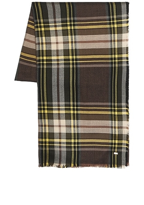 Saint Laurent Large Fringed Scarf in Brown & Dark Green - Brown. Size all.