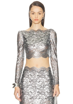 RABANNE Lace Cropped Top in Black & Silver - Metallic Silver. Size 36 (also in 34, 38, 40, 42).