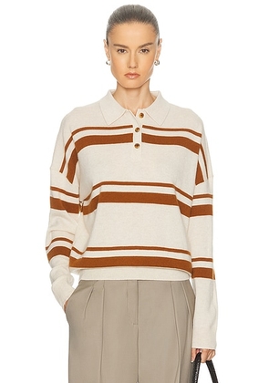 RENGGLI Cashmere Striped Polo Top in Eggshell & Saffron - Ivory. Size L (also in M, S, XL).