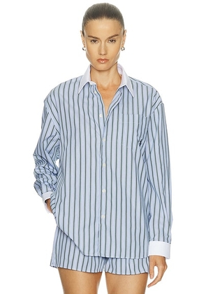 Sporty & Rich Oversized Button Down Top in Multicolor Stripes - Blue. Size L (also in S, XL, XS).