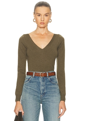 Saint Laurent Long Sleeve V-Neck Top in Kaki Militaire - Green. Size L (also in M, S, XS).