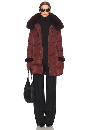 Yves Salomon Long Belted Down Jacket in Chianti - Wine. Size 36 (also in 34, 38, 42).