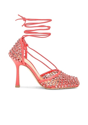 Bottega Veneta Web Sparkle Stretch Lace Up Sandals in Sunburst - Coral. Size 37 (also in 36.5, 37.5, 38).