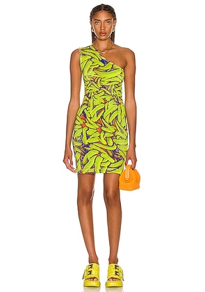 Bottega Veneta Crinkled Banana Print One Shoulder Dress in Green  Blue  & Coral - Green. Size XS (also in ).