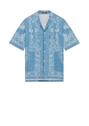 VERSACE Laser Denim Holiday Print Shirt in Washed Medium Blue - Blue. Size 50 (also in 46, 48, 52).