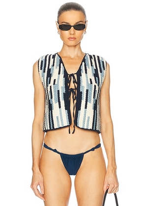 ESCVDO Anadara Crochet Vest in Light Blue  Navy & Ivory - Navy, White. Size M (also in L, S, XS).