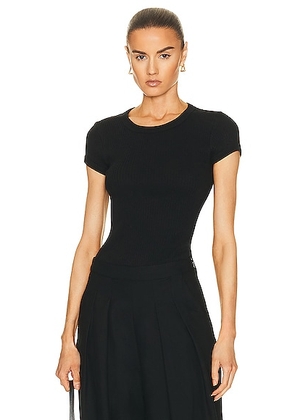 Enza Costa Pointelle Knit Cap Sleeve Crew Top in Black - Black. Size L (also in M, S, XL, XS).