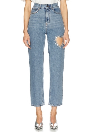 AREA Crystal Heart Straight Leg Jeans in Light Blue - Blue. Size 25 (also in 26, 27, 28, 30, 31).