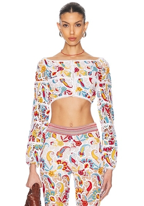 Etro Long Sleeve Cropped Top in Multicolor On White Base - White,Orange. Size 38 (also in 36, 40).