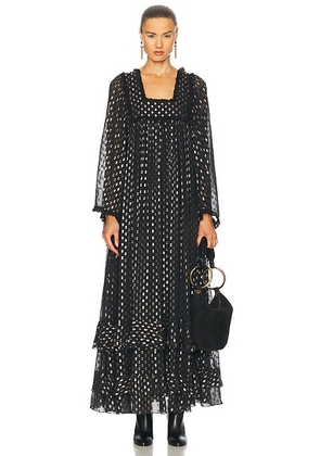 Chloe Flowy Tiered Polka Dot Long Dress in Black - Black. Size 38 (also in ).