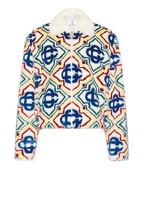 Casablanca Collared Faux Fur Jacket in Olympic Diamond Monogram - White,Blue. Size L (also in ).