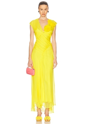 Alejandra Alonso Rojas Floral V-neck Draped Chiffon Dress in Marigold - Yellow. Size 6 (also in 8).