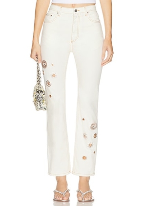 AREA Crystal Grommet Straight Leg Jean in Cream - Cream. Size 25 (also in 24, 26, 27, 28, 29).