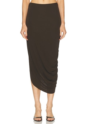 EAVES Lian Twist Midi Skirt in Dark Brown - Chocolate. Size L (also in M, S, XL, XS).