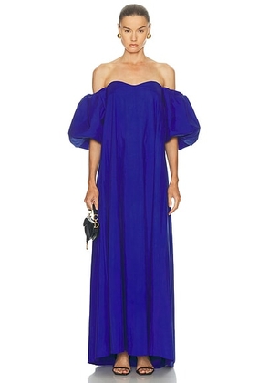 CAROLINE CONSTAS Palmer Off Shoulder Gown in Sea Blue - Blue. Size M (also in L, S, XS).