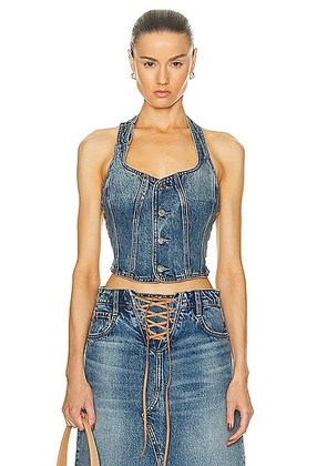 GRLFRND Phoebe Laced Halter Top in Nashville Suede - Denim-Medium. Size S (also in M).