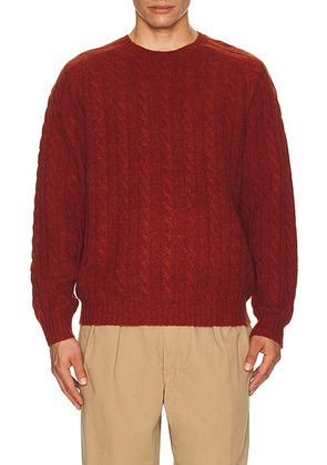 Beams Plus Crew Cable 5g Sweater in Brick - Red. Size L (also in M, S, XL).