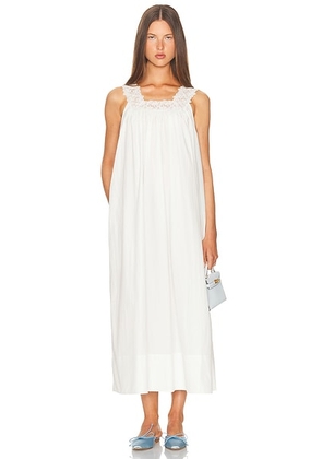 Helsa Midi Dress With Lace in Tech Poplin in White - White. Size L (also in M, S, XL, XS).