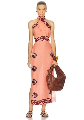Johanna Ortiz Energetic Patterns Ankle Dress in Pink & Wine - Coral. Size 0 (also in 2, 6, 8).