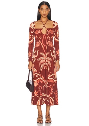 Johanna Ortiz Festive Performance Ankle Dress in Tropical Suit Of Lights  Wine  Marsala  & Ecru - Brick. Size 0 (also in 2, 6, 8).