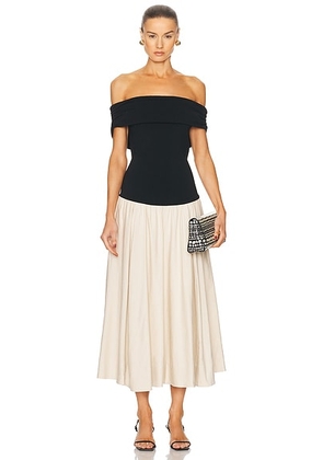 SIMKHAI Adaline Off Shoulder Midi Dress in Black Multi - Black,Cream. Size L (also in M, S, XL, XS).