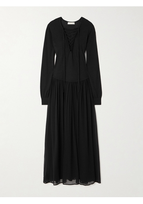 Ulla Johnson - Colette Pleated Lace-up Wool And Silk-blend And Chiffon Midi Dress - Black - x small,small,medium,large