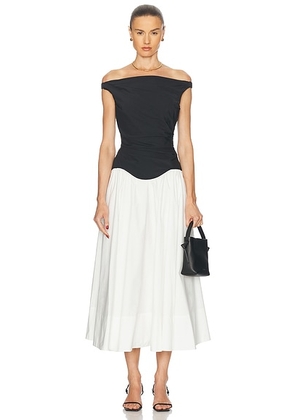 SIMKHAI Cersei Off Shoulder Midi Dress in White Black Multi in Black & White - Black,White. Size 8 (also in ).