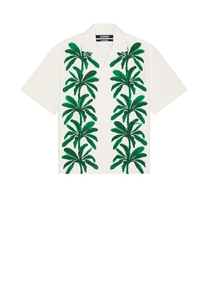 JACQUEMUS La Chemise Jean in Print Painted Palm trees - White. Size 48 (also in 50, 52).