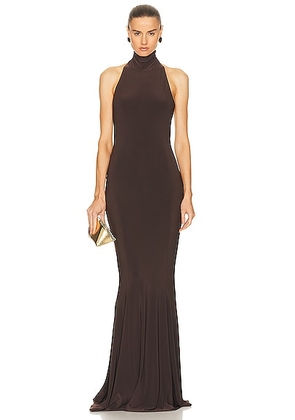 Norma Kamali Halter Turtleneck Fishtail Gown in Chocolate - Chocolate. Size M (also in L, S, XL, XS).