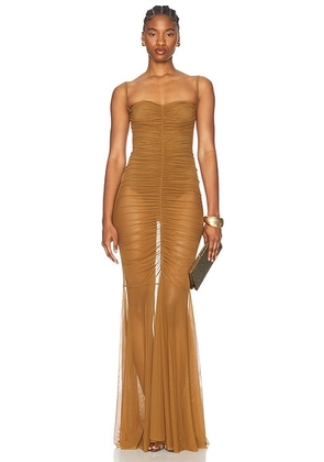 Norma Kamali Strapless Shirred Front Fishtail Gown in Bronze - Brown. Size M (also in L, S, XS).