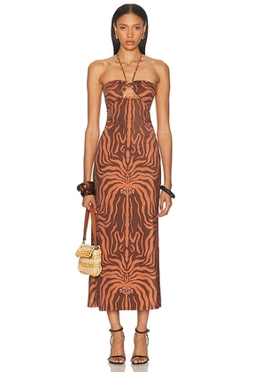 Johanna Ortiz Jungle Palms Midi Dress in Dark Chocolate & Camel - Chocolate. Size 2 (also in 4).
