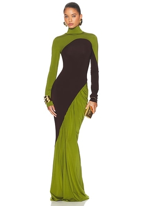 Helsa The Abstraction Color Blocked Jersey Dress in Pistachio & Coffee Bean - Green,Chocolate. Size XS (also in M, S, XXS).