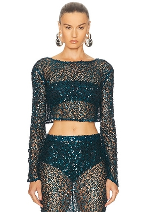 Lapointe Net Paillette Cropped Boatneck Top in Oz - Teal. Size XS (also in ).