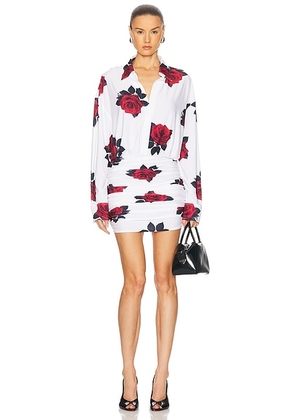 Norma Kamali Oversized Boyfriend Shirt Shirred Bottom Mini Dress in Red Rose - White,Red. Size L (also in M, S, XL, XS).