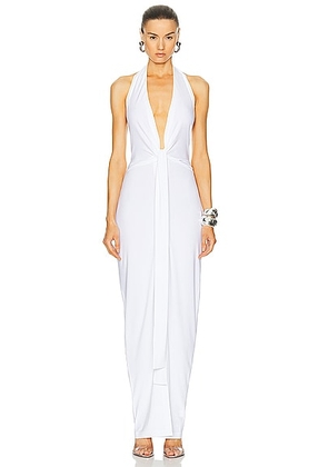 Norma Kamali Tie Front Halter Gown in Snow White - White. Size L (also in M, S, XL, XS).
