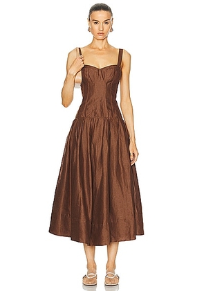 NICHOLAS Makenna Drop Waist Corset Midi Dress in Cigar - Brown. Size 0 (also in ).