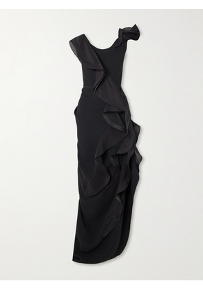 Maticevski - Satellite Wave Asymmetric Ruffled Organza-trimmed Crepe Gown - Black - UK 6,UK 8,UK 10,UK 12,UK 14,UK 16