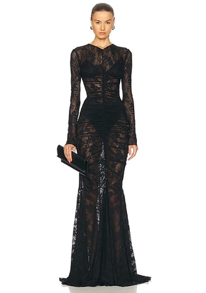 Norma Kamali Long Sleeve V Neck Shirred Front Fishtail Gown in Black - Black. Size S (also in M, XS).