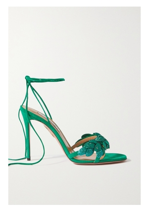 Aquazzura - Galactic Flower 105 Crystal-embellished Lace-up Leather And Suede Sandals - Green - IT35,IT35.5,IT36,IT36.5,IT37,IT37.5,IT38,IT38.5,IT39,IT39.5,IT40,IT40.5,IT41,IT41.5,IT42