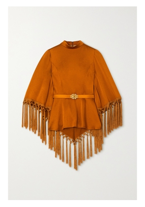 ANDREW GN - Cape-effect Belted Tasseled Hammered-satin Blouse - Brown - FR 34,FR 36,FR 38,FR 40,FR 42,FR 44,FR 46