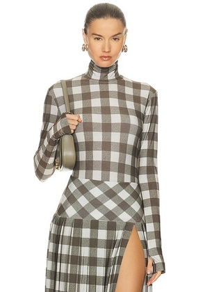 Norma Kamali Slim Fit Long Sleeve Turtleneck Top in Bark Box Plaid - Olive,White. Size M (also in L, S, XL).