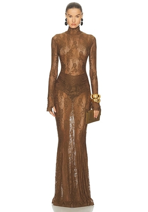 Norma Kamali for FWRD Long Sleeve Turtleneck Fishtail Gown in Bark - Chocolate. Size L (also in XL).