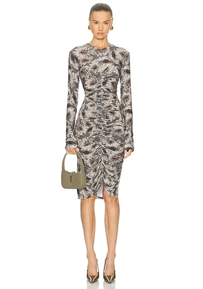 Norma Kamali Long Sleeve V Neck Shirred Front Dress in Fall Flowers - Grey. Size L (also in M, S).