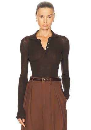 Moncler Long Sleeve Polo Top in Deep Brown - Chocolate. Size L (also in M, S, XS).