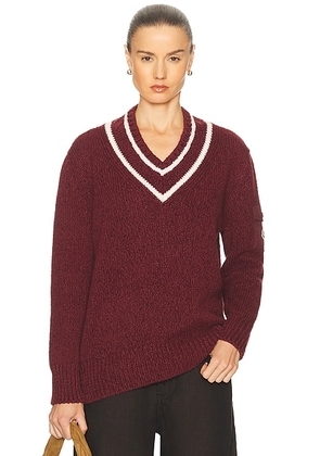 Moncler Long Sleeve V-neck Sweater in Maroon Banner - Burgundy. Size L (also in M, S, XS).