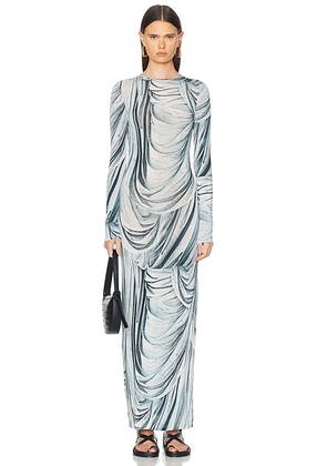 RABANNE Drape Printed Long Sleeve Dress in Drappe Bleu - Blue. Size 38 (also in ).