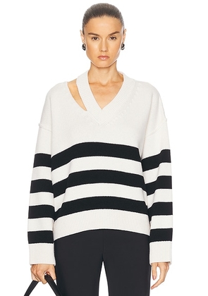 Rohe Deconstructed Cashmere Knitted Breton V-Neck Sweater in Off White & Black White Stripe - White. Size 38 (also in 40).